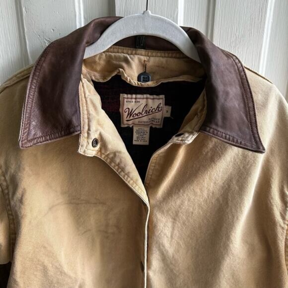 Woolrich Vintage 90s Leather Collar Wool Blanket Lined Chore Barn Coat - Picture 2 of 11